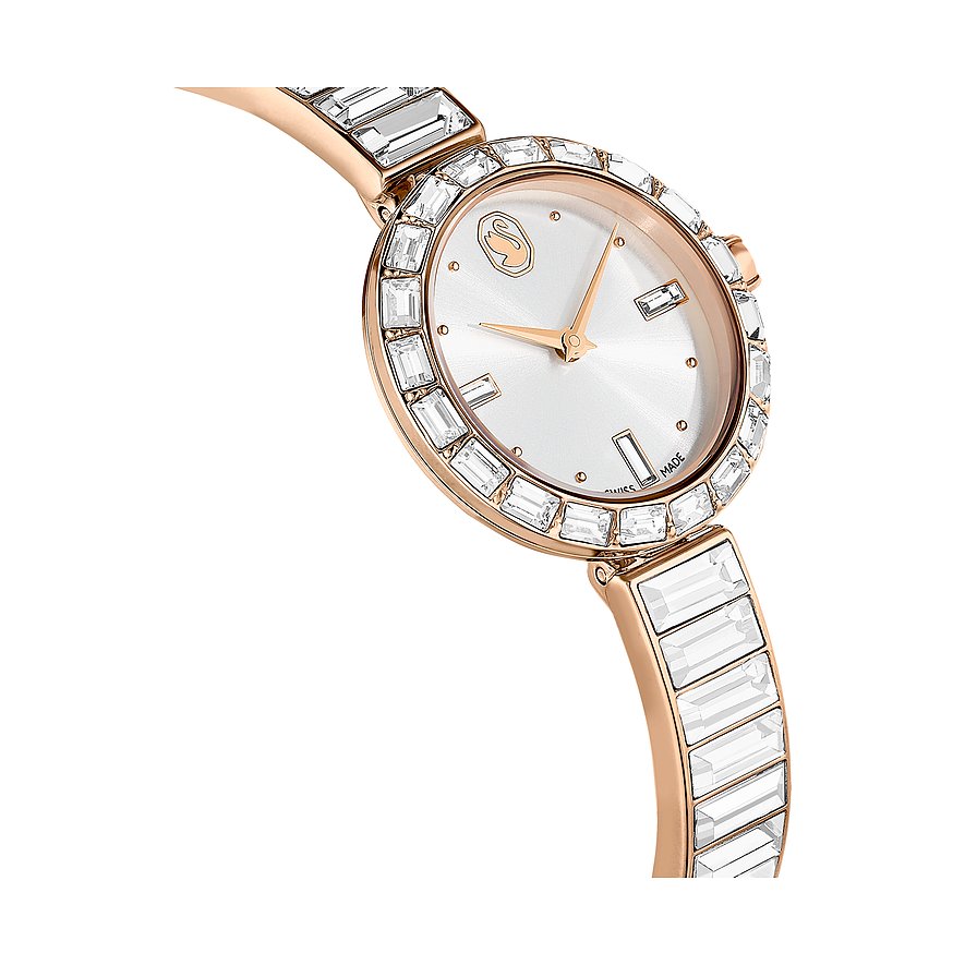 Swarovski Damenuhr mit roségoldfarbenem Metallgehäuse, Kristallbesatz und weißem Zifferblatt.