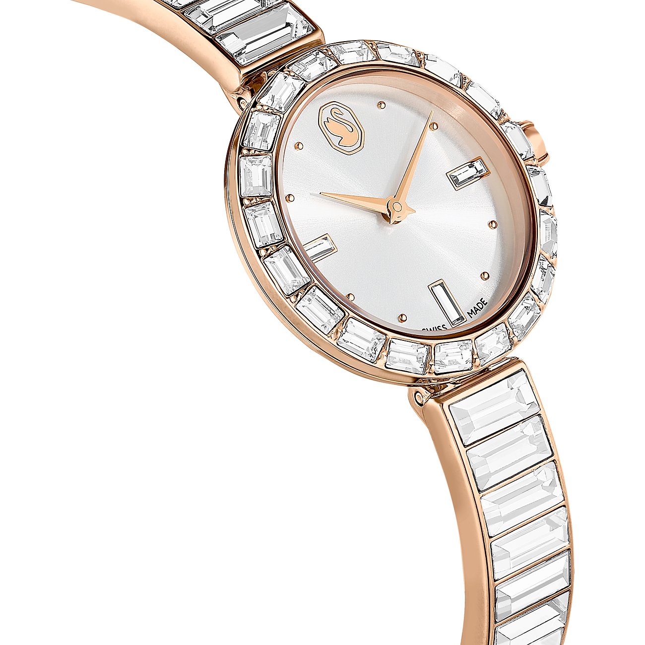 Swarovski Damenuhr mit roségoldfarbenem Metallgehäuse, Kristallbesatz und weißem Zifferblatt.