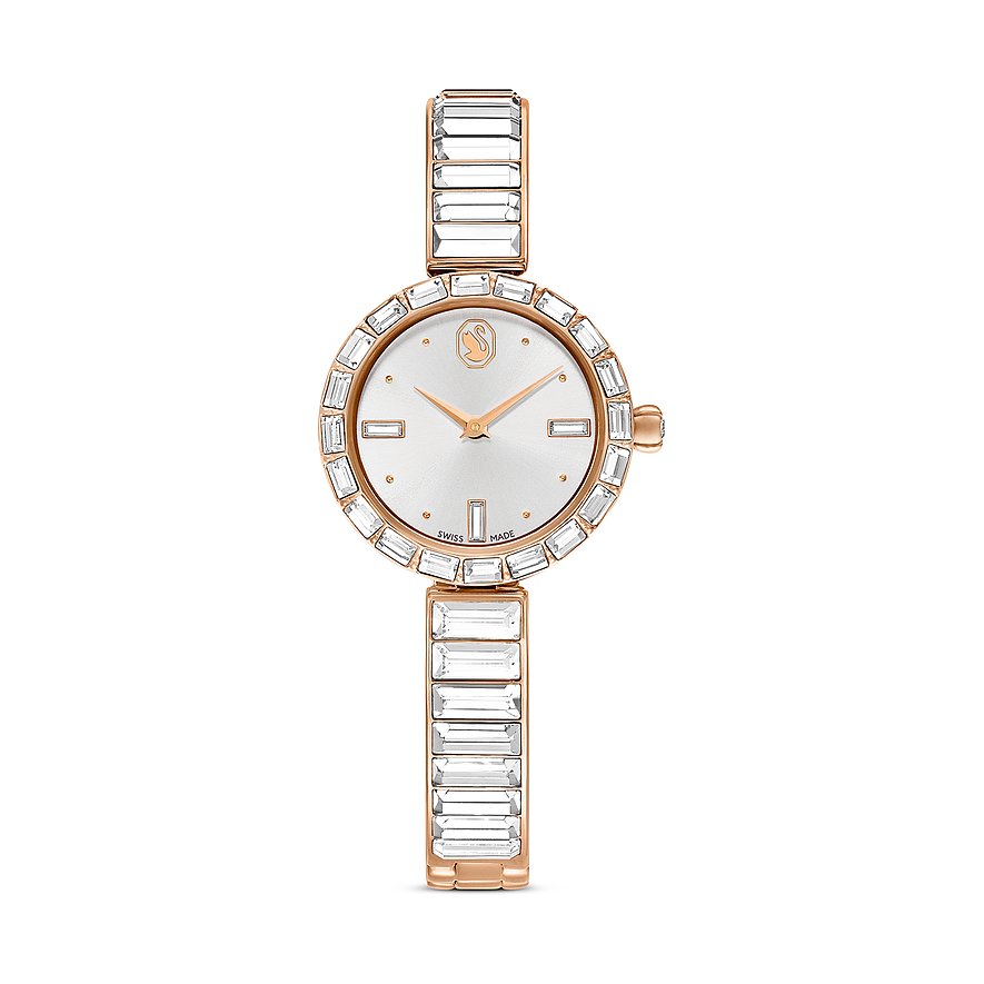 Swarovski Damenuhr mit roségoldfarbenem Gehäuse, weißem Zifferblatt und Kristallen.