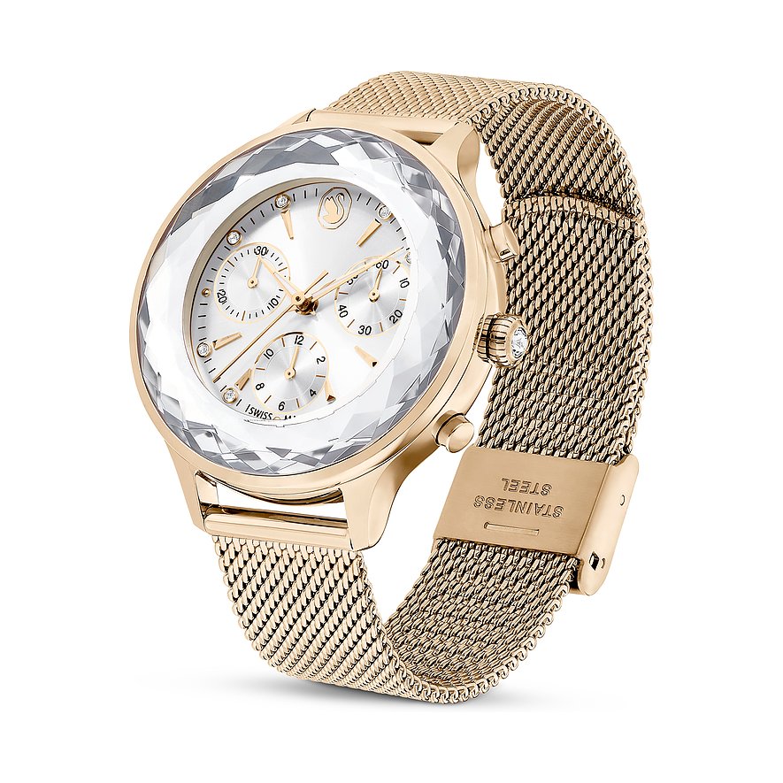 Swarovski Damenuhr mit roséfarbenem Edelstahlgehäuse, Kristalllünette und Mesh-Armband.
