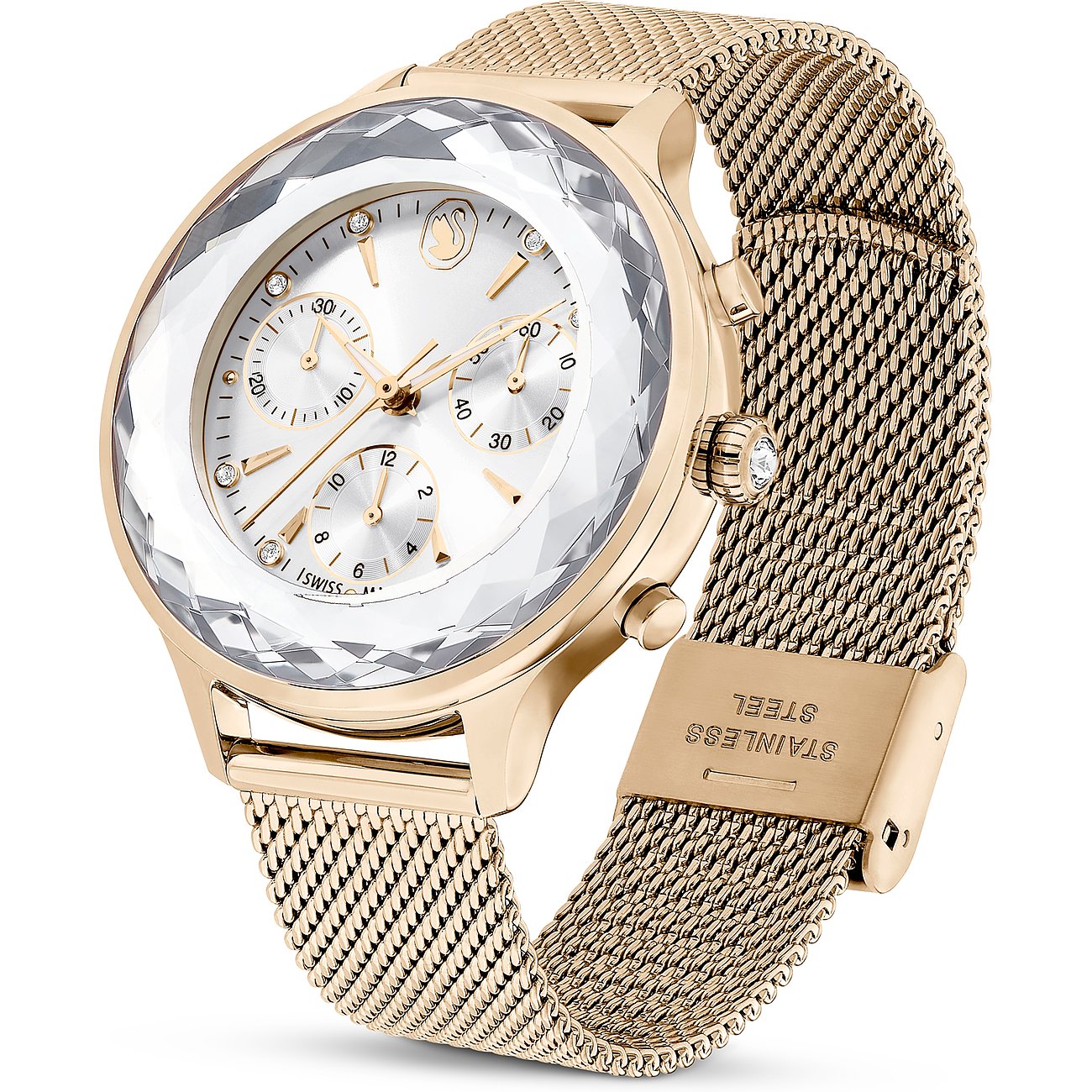 Swarovski Damenuhr mit roséfarbenem Edelstahlgehäuse, Kristalllünette und Mesh-Armband.