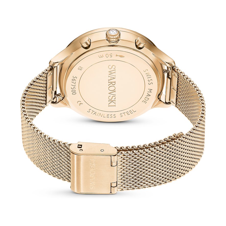 Swarovski Damenuhr mit rosévergoldetem Edelstahlgehäuse und Mesh-Armband.