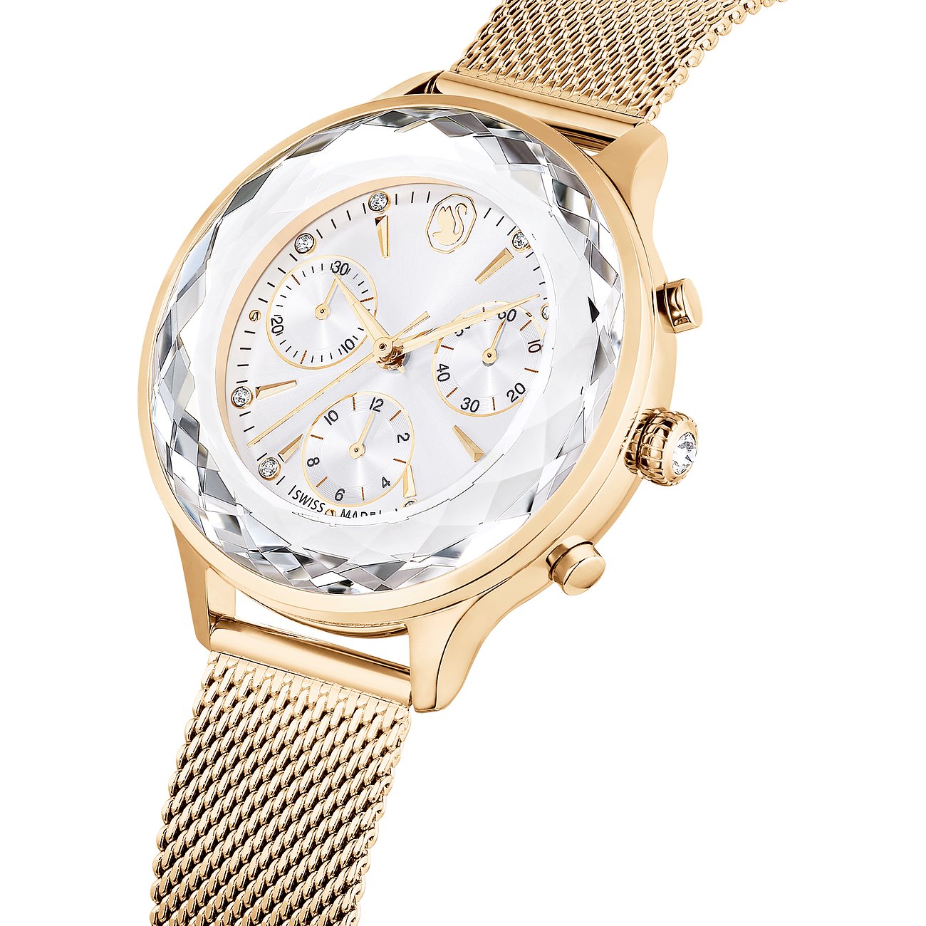 Swarovski Damenuhr mit rosévergoldetem Metallgehäuse, weißem Zifferblatt und Kristallen.