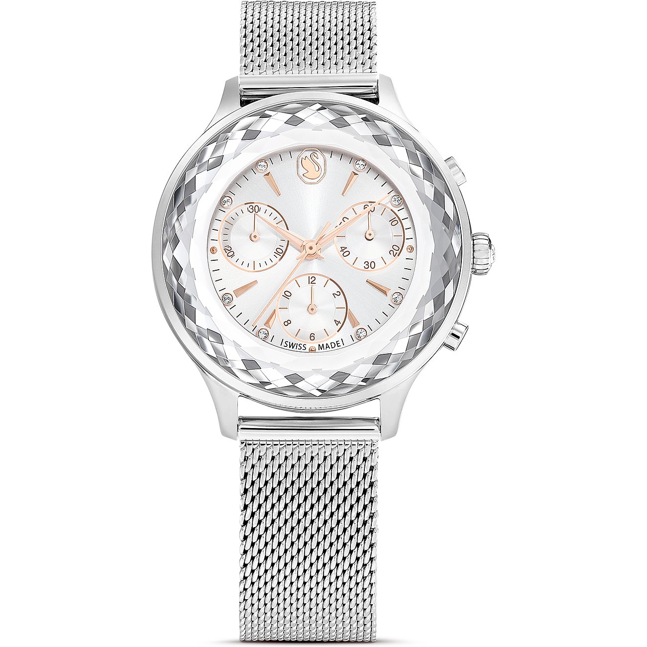 Swarovski Damenuhr mit silberfarbenem Metallgehäuse, roséfarbenen Zeigern und Kristallen.