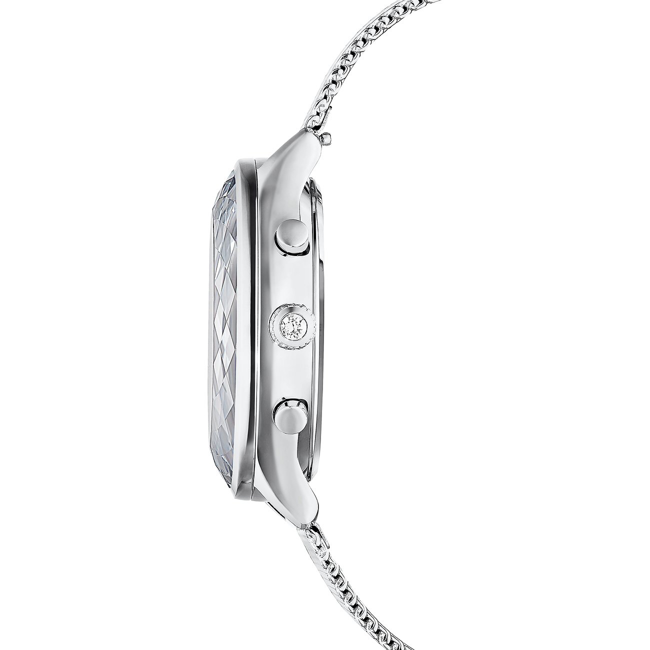 Swarovski Damenuhr mit Kristall-Besatz und silberfarbenem Metallgehäuse.