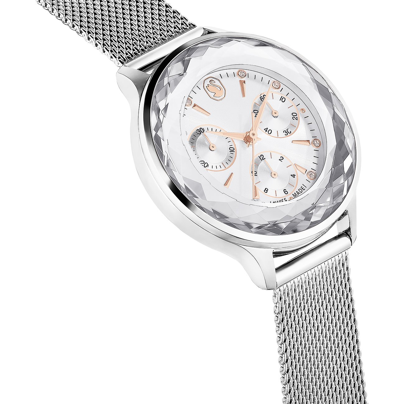 Swarovski Damenuhr mit Metallgehäuse, weißem Zifferblatt, roségoldfarbenen Zeigern und Kristallen.