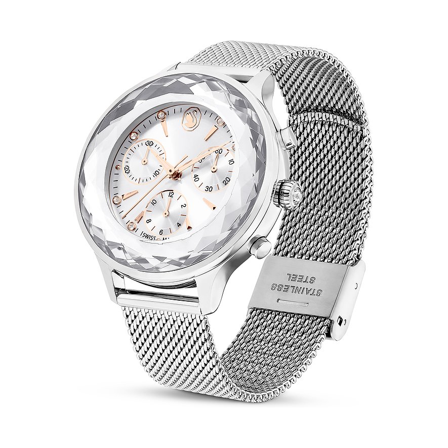 Swarovski Damenuhr mit Kristall-Besatz und Edelstahl-Mesh-Armband.
