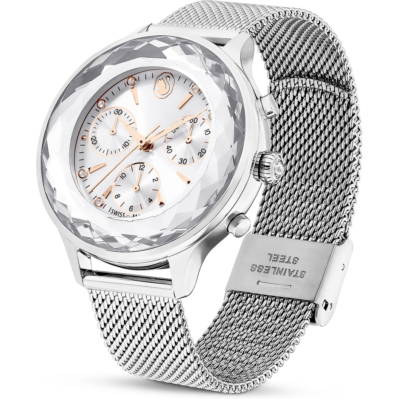 Swarovski Damenuhr mit Kristall-Besatz und Edelstahl-Mesh-Armband.