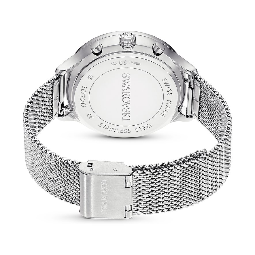 Swarovski Damenuhr mit silberfarbenem Edelstahlarmband und Kristallbesatz.