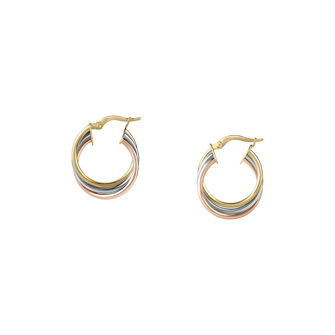 FAVS Ohrringe aus 375 Gelbgold, Weißgold und Roségold in dreifacher Optik.
