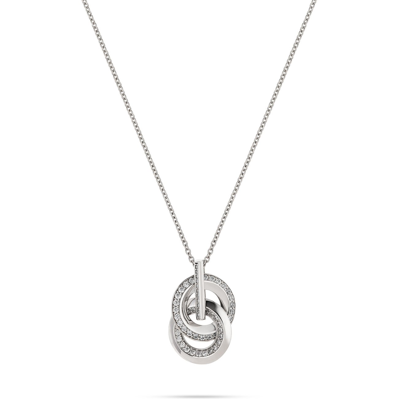 JETTE halsketting van gerecycled 925 sterling zilver met meerdere in elkaar gestrengelde ringen, bezet met zirkonia.