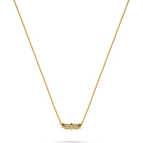 JETTE Halsschmuck aus recyceltem Silber 925 mit Zirkonia-Farbsteinen und goldenem Finish, mittig verziert.