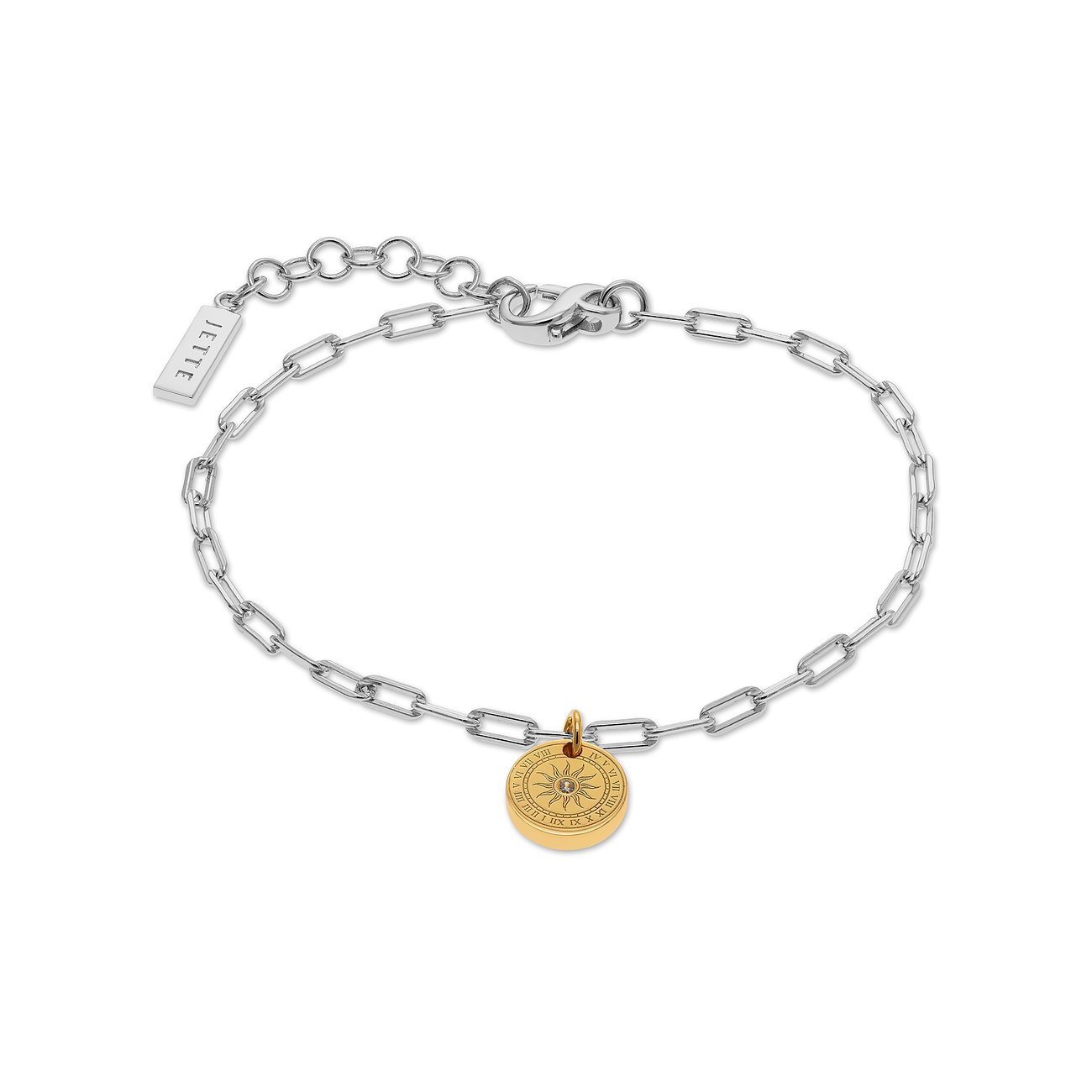 JETTE Panzerketten-Armband aus recycelten 925er Silber mit gravierter goldfarbener Zirkonia-Sonnenscheibe.