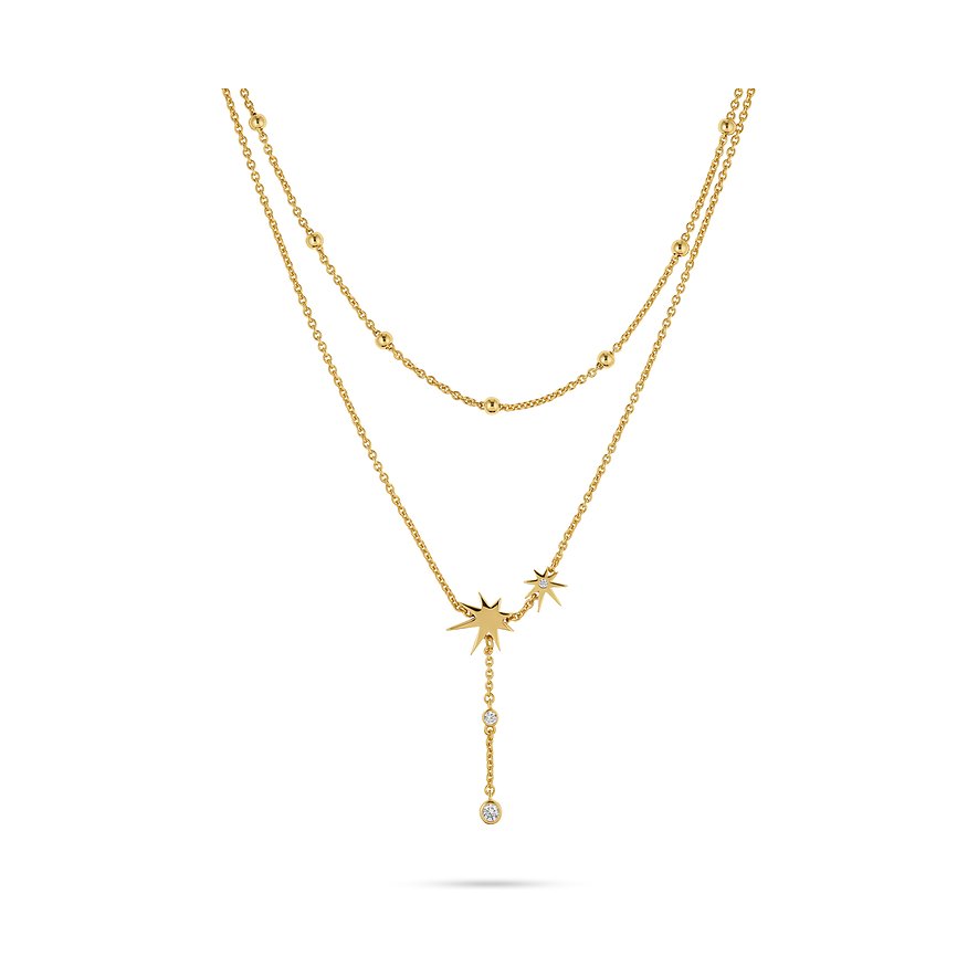 JETTE Halsschmuck aus recyceltem, vergoldetem 925er Silber mit mehreren Kettenschichten und Zirkonia-Sternanhängern.