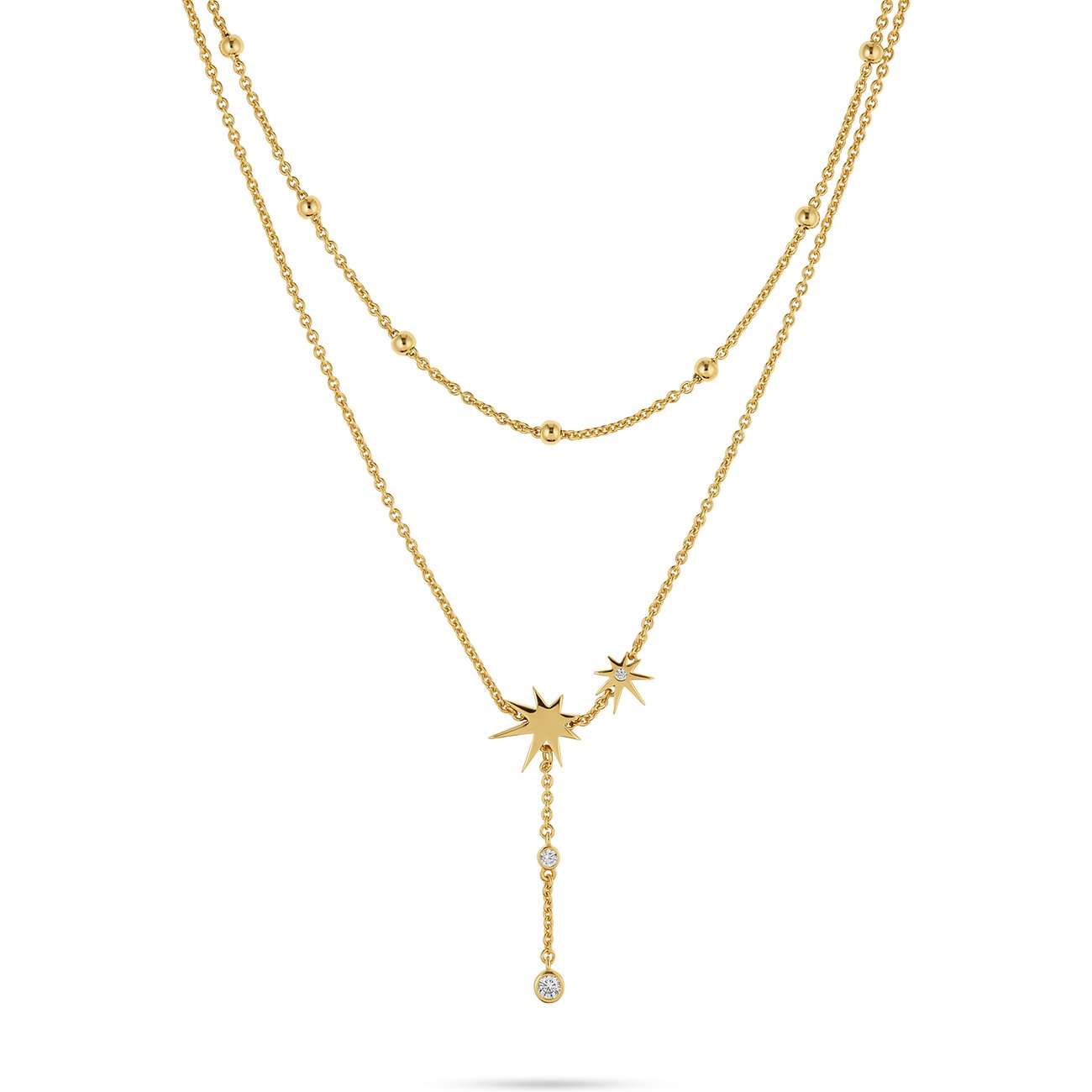 JETTE Halsschmuck aus recyceltem, vergoldetem 925er Silber mit mehreren Kettenschichten und Zirkonia-Sternanhängern.