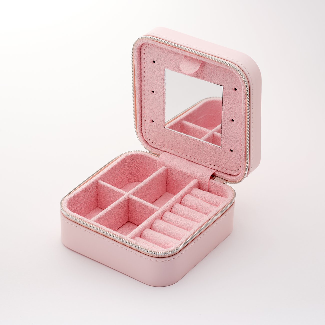 CHRIST Schmuckkästchen aus Lederimitation, rosa, mit Spiegel und Fächern.