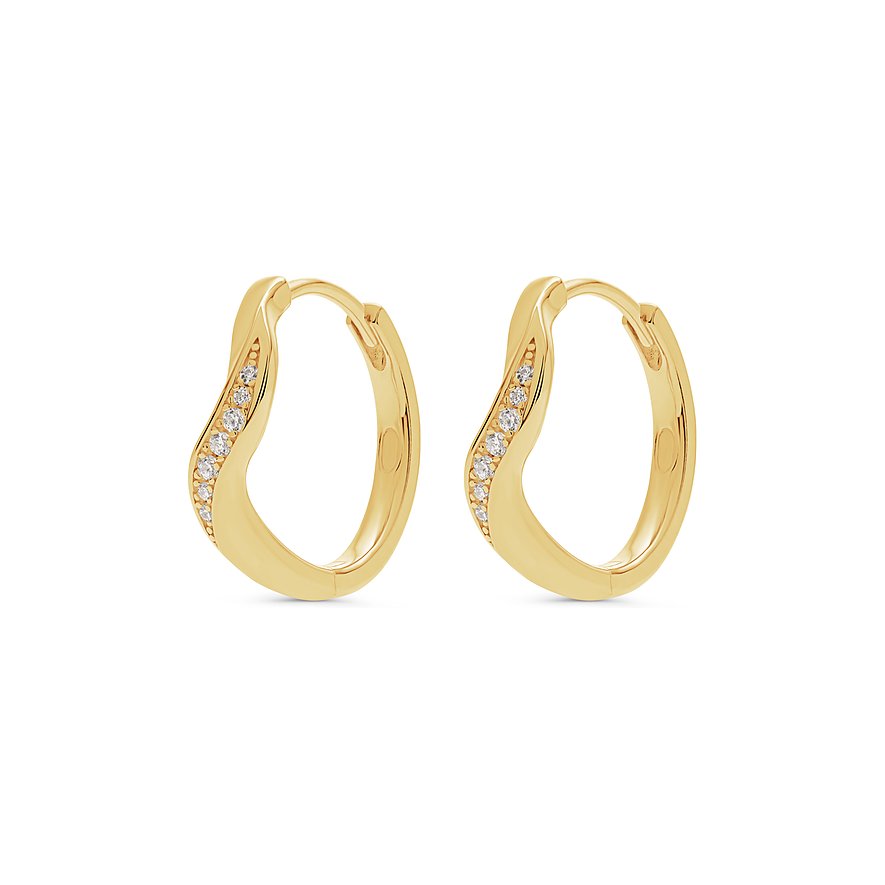 FAVS øreringe i forgyldt 925 sølv: buede kreoler med zirconia-sten i en bølgende linje.