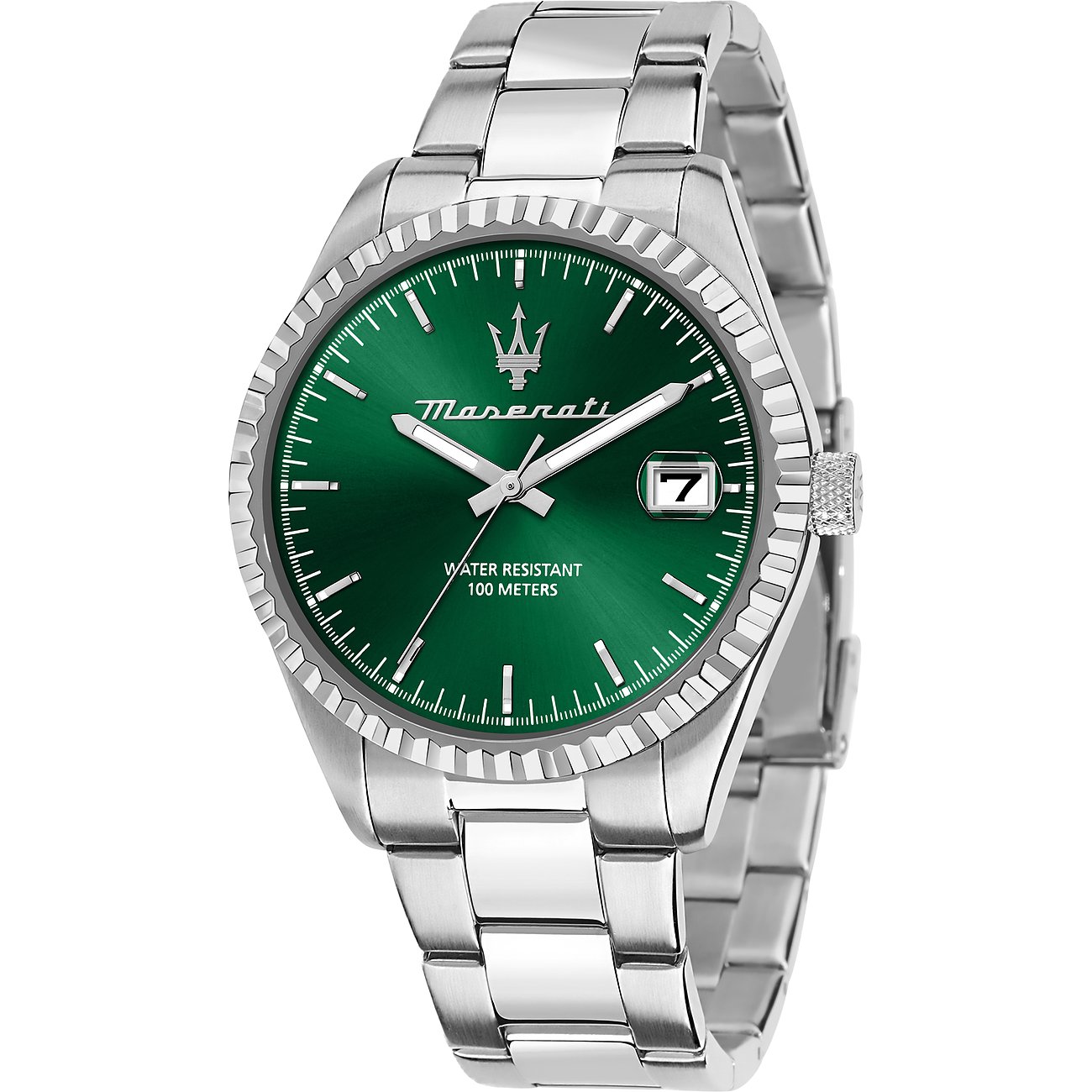 Maserati herenhorloge met roestvrijstalen kast en groene wijzerplaat.