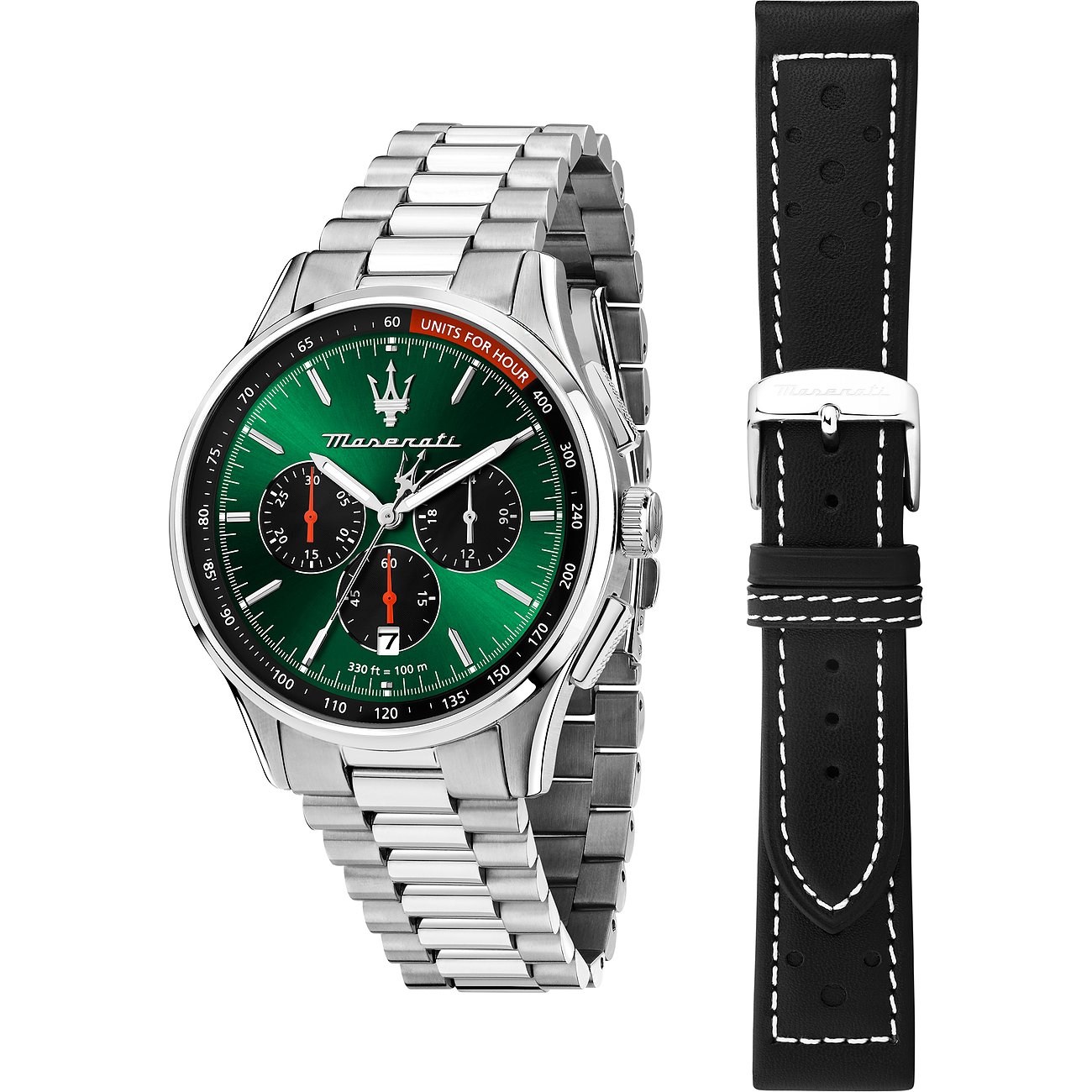 Maserati Herrenuhr mit Edelstahlgehäuse, grünem Zifferblatt und Chronographenanzeige.