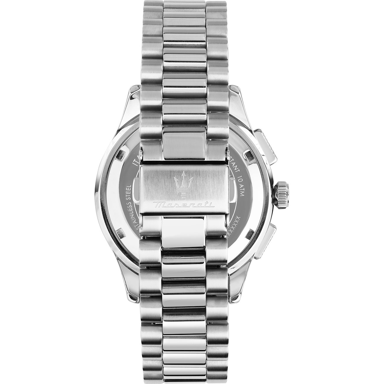 Maserati Armbanduhr aus Edelstahl mit silberfarbenem Gehäuse und Gliederarmband.