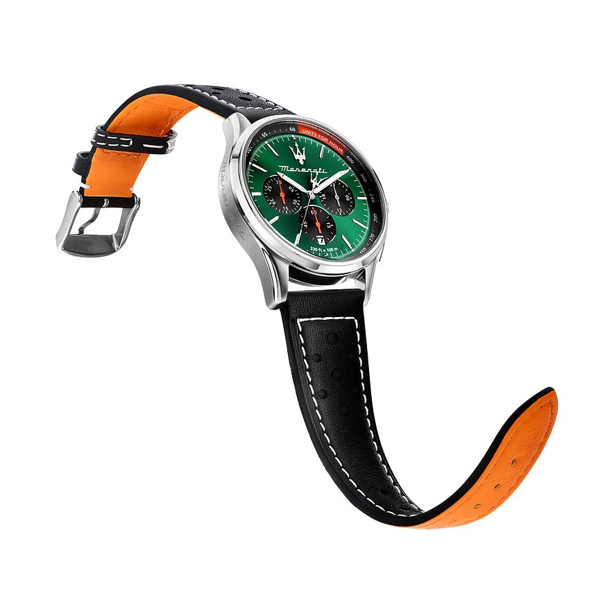 Maserati Chronograph Uhr mit Edelstahlgehäuse und grünem Zifferblatt.