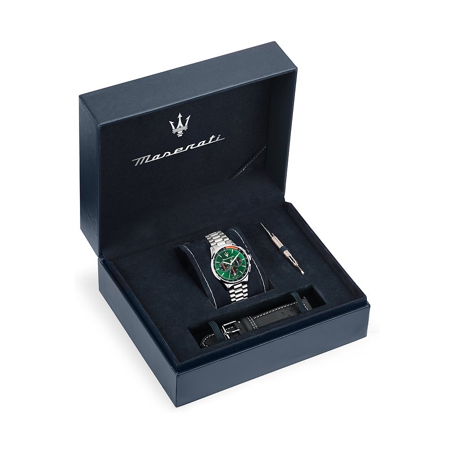 Maserati Herrenuhr mit Edelstahlgehäuse und grünem Zifferblatt.