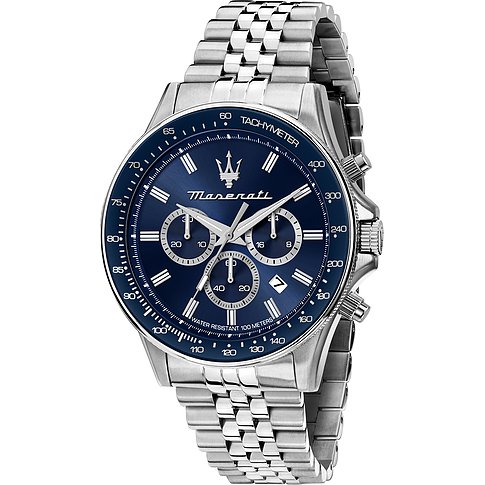 Maserati herenhorloge met roestvrijstalen kast en blauwe wijzerplaat, analoog, met chronograaf.