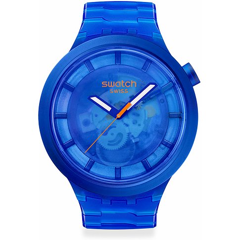 Swatch Unisexuhr aus Kunststoff, blau, mit transparentem Zifferblatt und Automatikwerk.