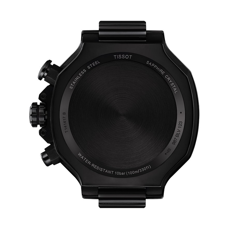 Tissot Herrenuhr aus Edelstahl, schwarz, mit Chronographenknöpfen.