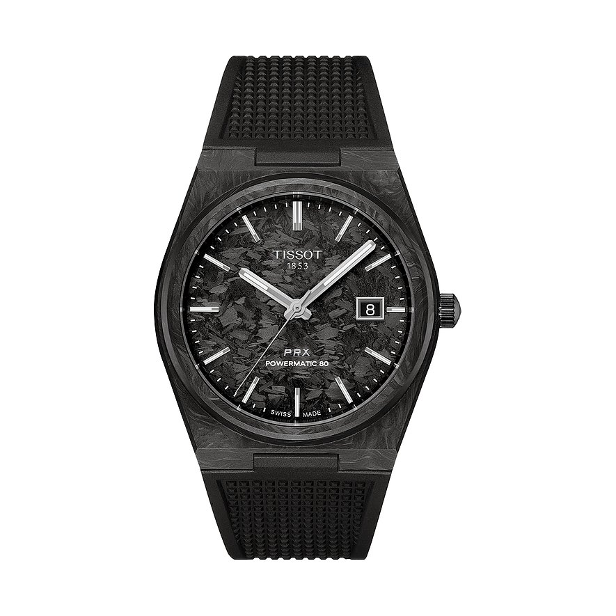 Tissot Unisexuhr PRX Powermatic 80 T1379079720100, Herren, Carbon, Armband: Kautschuk, Automatik