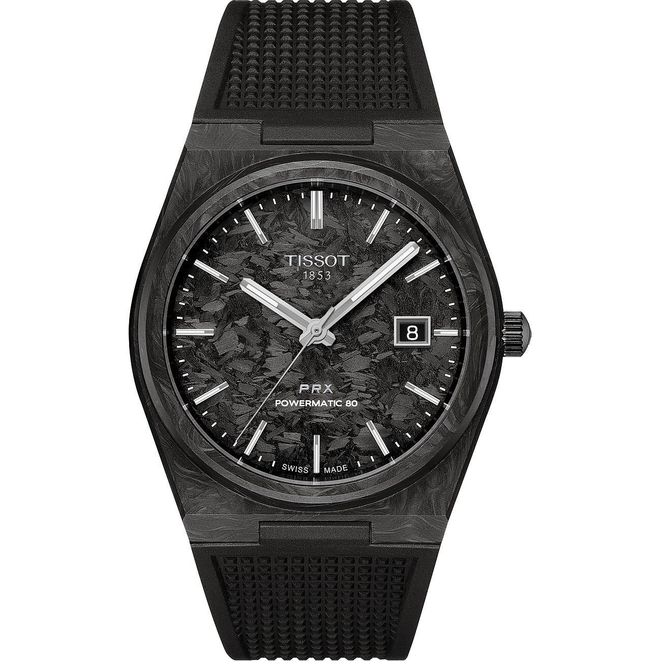 Tissot Unisexuhr mit Carbongehäuse, analog mit Datumsanzeige.