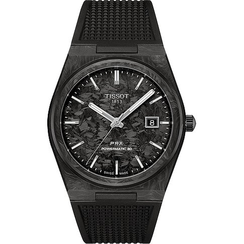 Tissot Unisexuhr mit Carbongehäuse, analog mit Datumsanzeige.