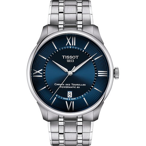 Tissot Herrenuhr mit Edelstahlgehäuse, blauem Zifferblatt und silbernem Armband.