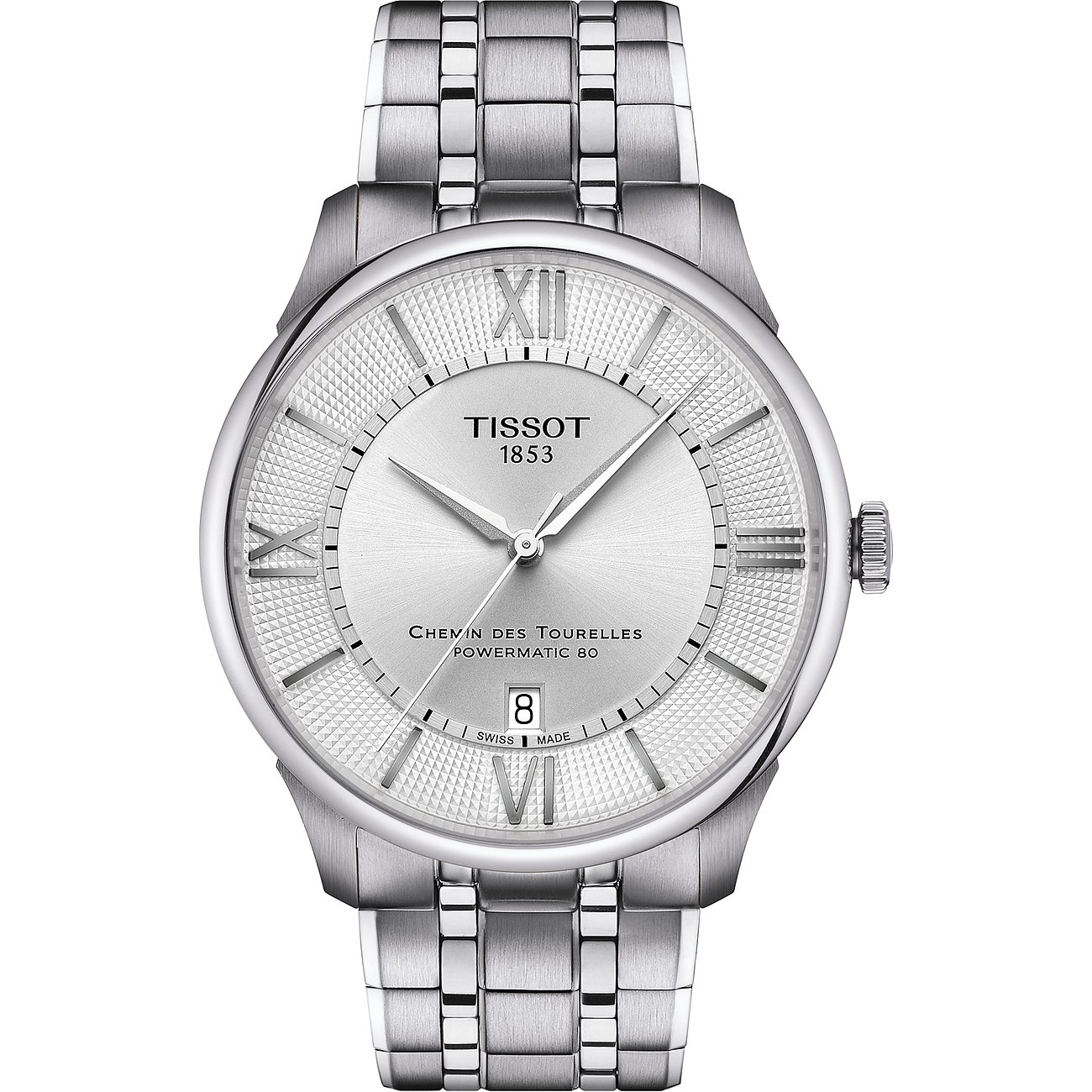 Tissot Herrenuhr mit Edelstahlgehäuse, analog, mit römischen Ziffern und Datum.