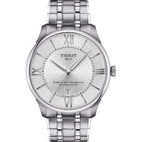 Tissot Herrenuhr mit Edelstahlgehäuse, analog, mit römischen Ziffern und Datum.