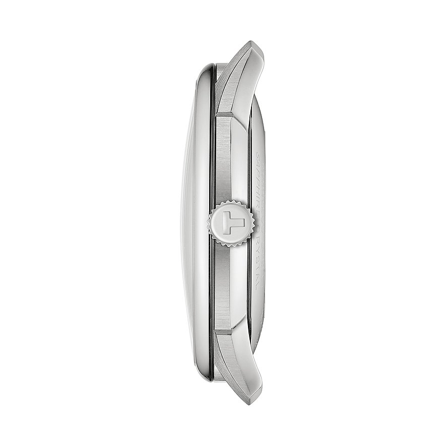 Tissot Herrenuhr mit Edelstahlgehäuse, gerändelter Krone mit T-Logo.