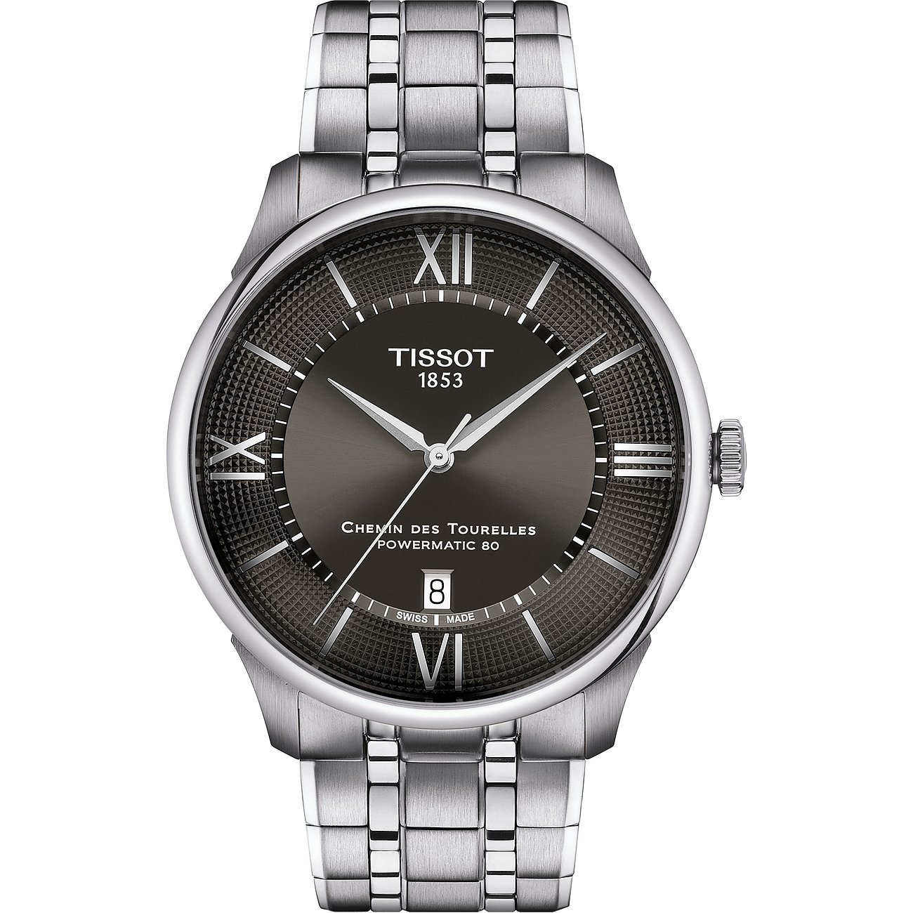 Tissot Herrenuhr aus Edelstahl mit silberfarbenem Gehäuse und grauem Zifferblatt.