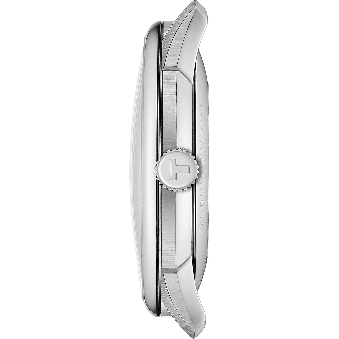 Tissot Herrenuhr aus Edelstahl mit geriffelter Krone und gebürstetem Gehäuse.
