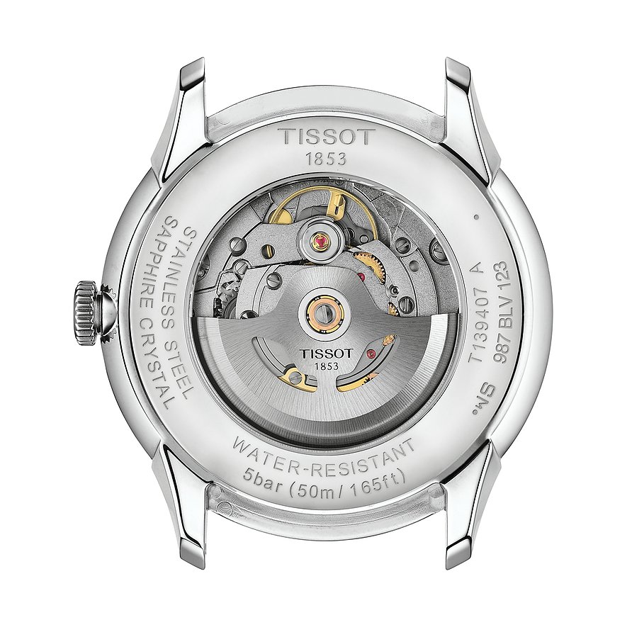 Tissot Herrenuhr mit Edelstahlgehäuse und Sichtboden.