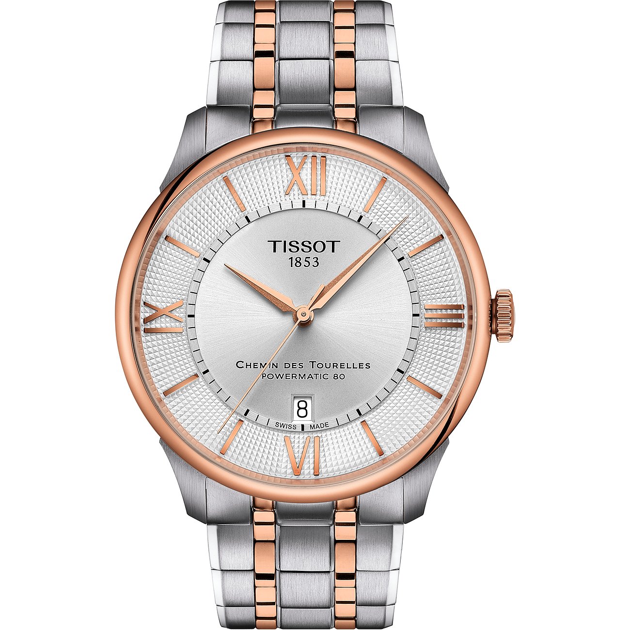 Tissot Herrenuhr mit Edelstahlgehäuse, bicolor, mit römischen Ziffern und Datum.