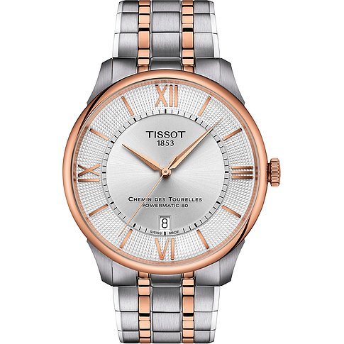 Tissot Herrenuhr mit Edelstahlgehäuse, bicolor, mit römischen Ziffern und Datum.