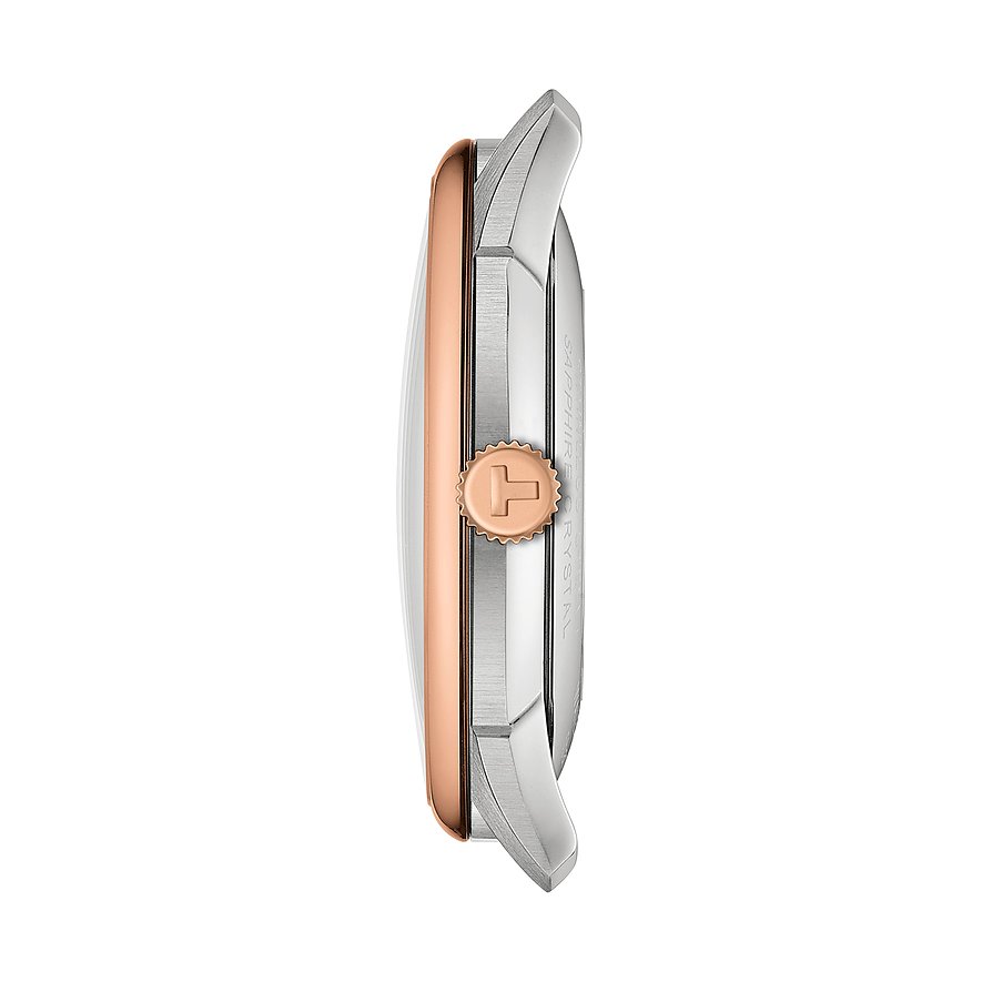 Tissot Herrenuhr mit Edelstahlgehäuse, roségoldfarbener Krone.