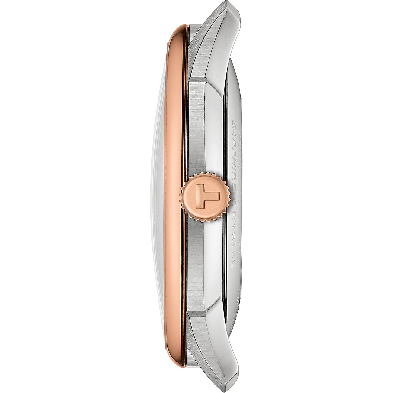 Tissot Herrenuhr mit Edelstahlgehäuse, roségoldfarbener Krone.