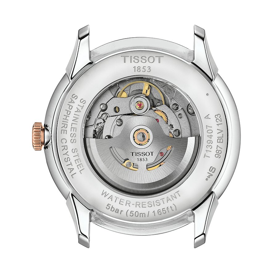 Tissot Herrenuhr mit Edelstahlgehäuse und Sichtboden.