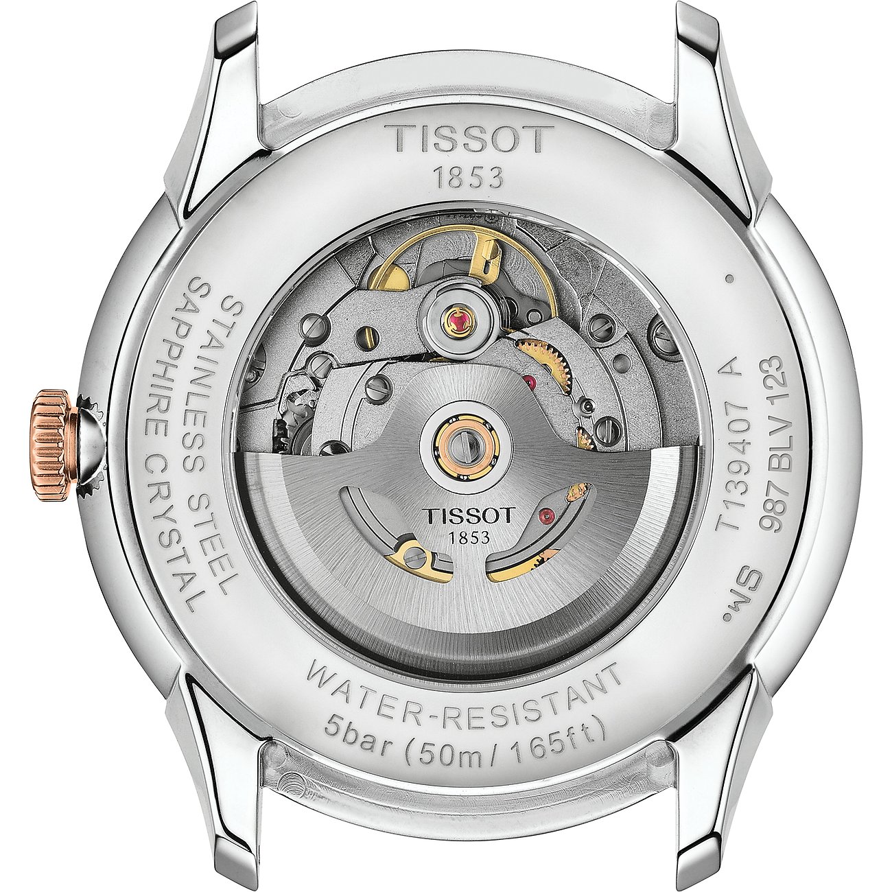 Tissot Herrenuhr mit Edelstahlgehäuse und Sichtboden.