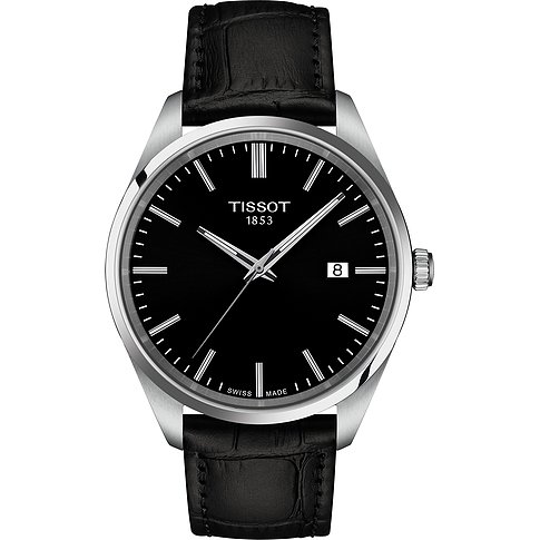 Tissot Herrenuhr mit Edelstahlgehäuse und schwarzem Zifferblatt.