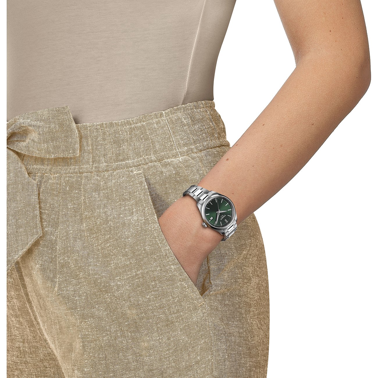 Tissot Unisexuhr mit Edelstahlgehäuse und grünem Zifferblatt.