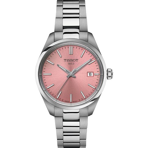 Tissot Unisexuhr mit Edelstahlgehäuse, rosafarbenem Zifferblatt und Datumsanzeige.