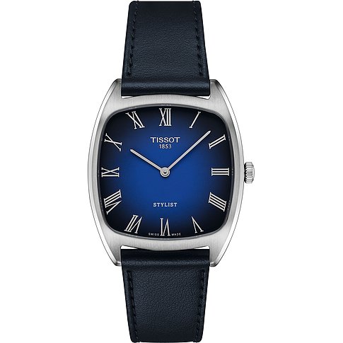 Tissot Unisexuhr mit Edelstahlgehäuse, blauem Zifferblatt und römischen Ziffern.