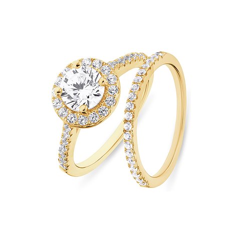 FAVS Ring aus 925er Silber mit Zirkonia, goldfarben, Solitär-Fassung.